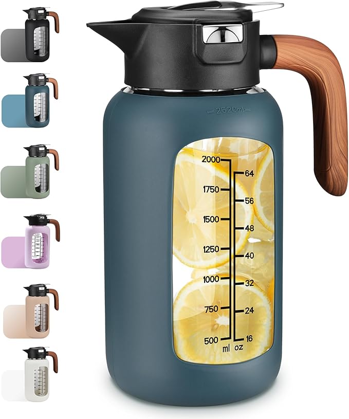 84 oz Glass Pitcher with Lid and Handle- Borosilicate Glass Water Jug/Carafe for Hot & Cold Beverages, 2.5L Large Pitcher with Silicone Sleeve & Wide Mouth, Fridge Safe for Iced Tea, Coffee, Juice