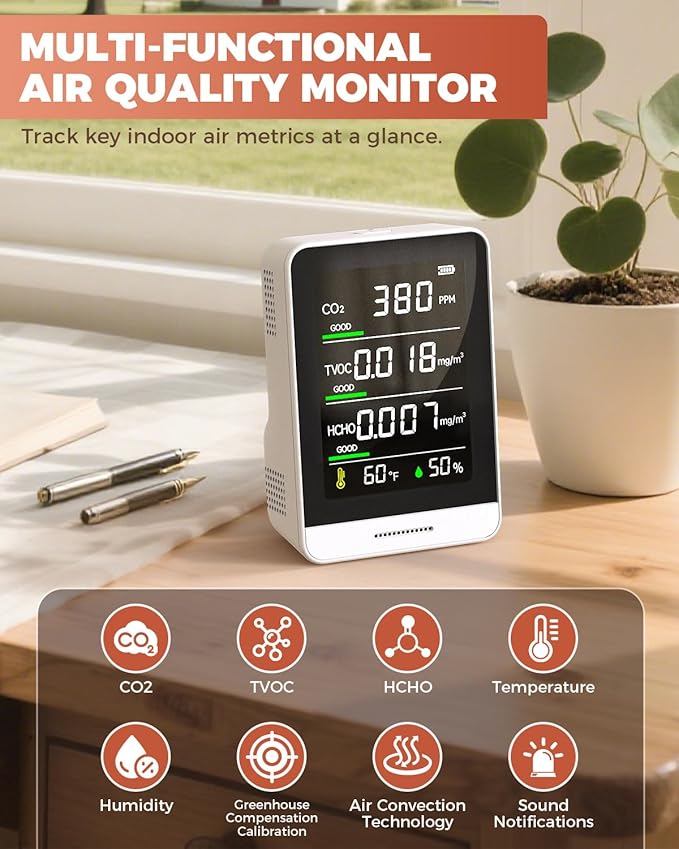 Air Quality Monitor Indoor, 5 in 1 Portable Real-Time Smart Air Quality Tester with CO2 Monitor, HCHO, TVOC, Temperature, Humidity Detector for Home, Office, Car, Hotel (White)