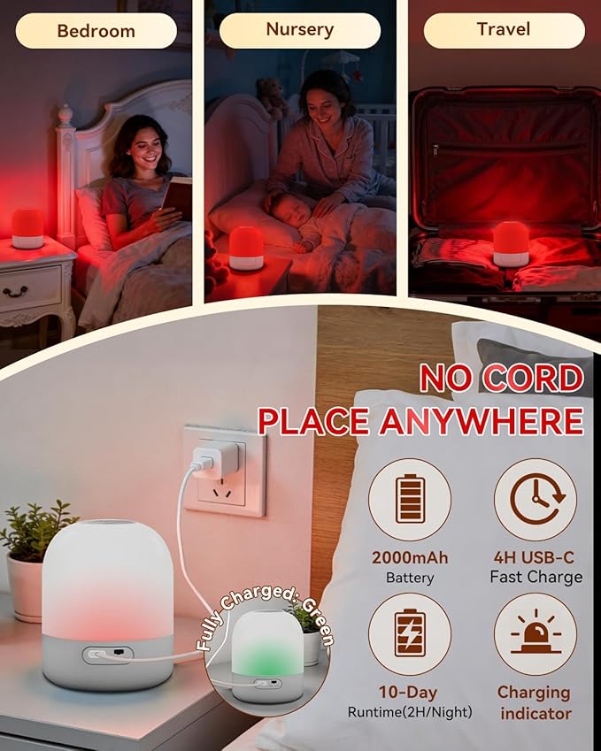 670nm Red Light for Sleep, 100% Blue Light Blocked & 10%-100% Dimmable & 4 Timers & Remote + Touch, Rechargeable Long Lasting Red Night Light Sleep Lamp for Bedroom, Nursery, Reading