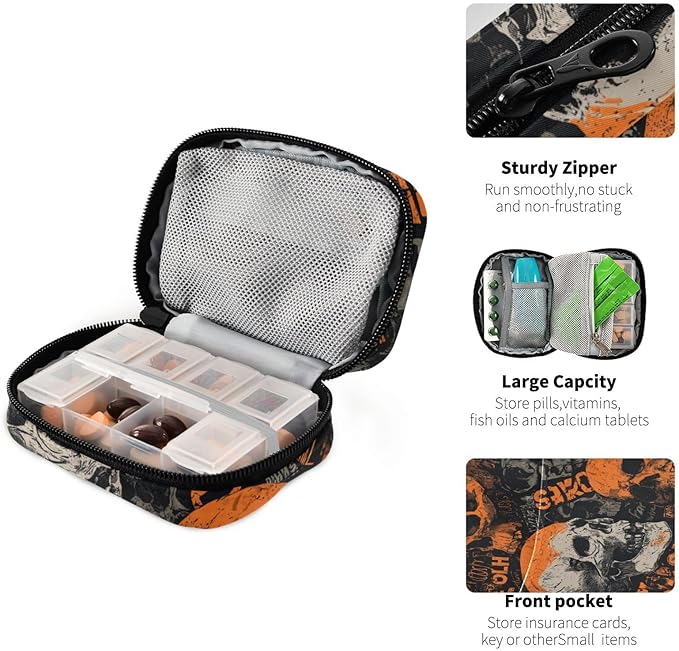 Orange and Grey Vintage Rock Skulls Travel Pill Organizer Case Box Container Weekly Portable Vitamin Medicine Holder Storage Bag with Zipper Removable