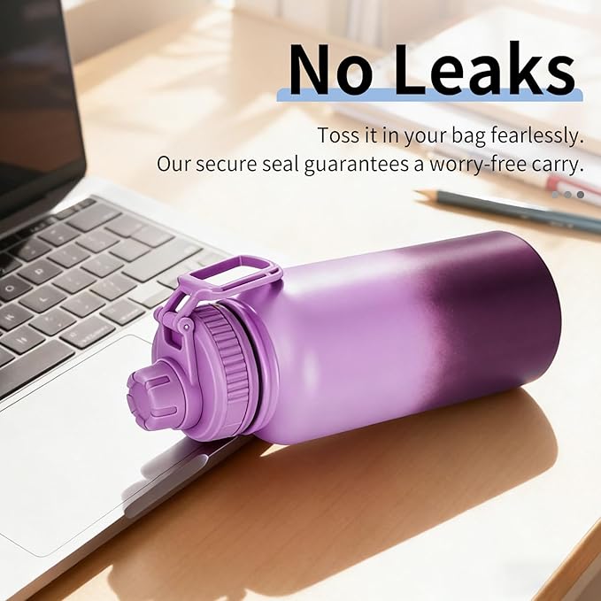Motivational Water Bottle 32oz with Time Marker- Leakproof & BPA Free Sports Water Bottle with Straw & Carry Strap for Gym, Travel and Outdoor Sports (Stainless steel insulation-Purple)