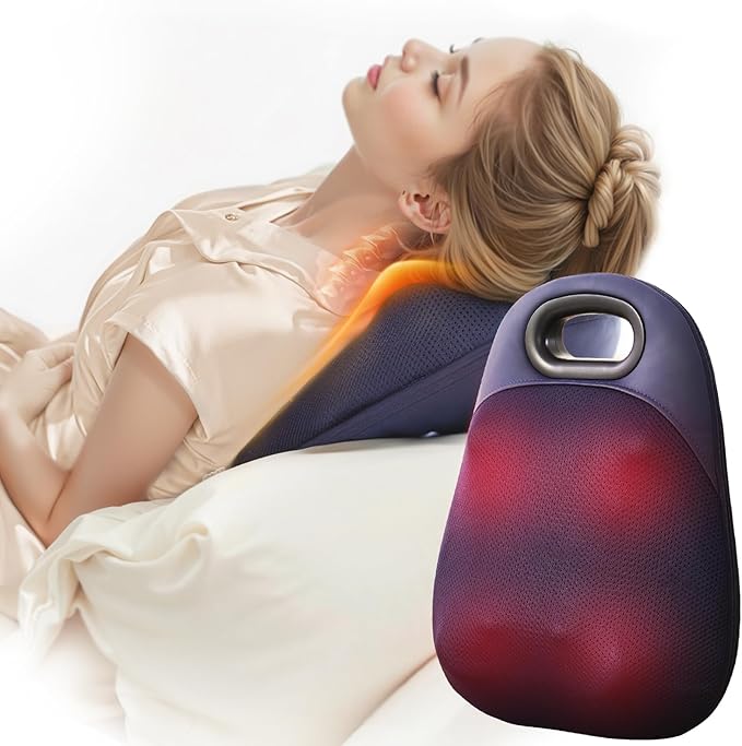 Shiatsu Neck and Back Massager ,With Heating and Bidirectional Rotation Heads ,4D Electric Massage Pillow with 4 Nodes ,Neck Back Shoulder Foot Pain Relief, Portable & Rechargeable, Holiday Gift