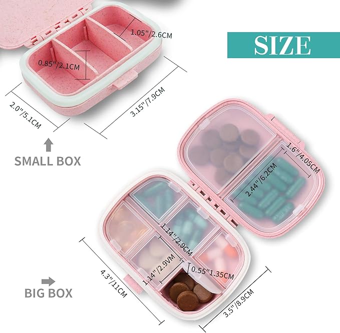 2 Pack Pill Case Organizer,Travel Pill Box with Label, Daily Medicine Organizer Case, Waterproof Pocket Container Case, Portable Pink Supplement Case Medicine Container Compact for for Vitamin