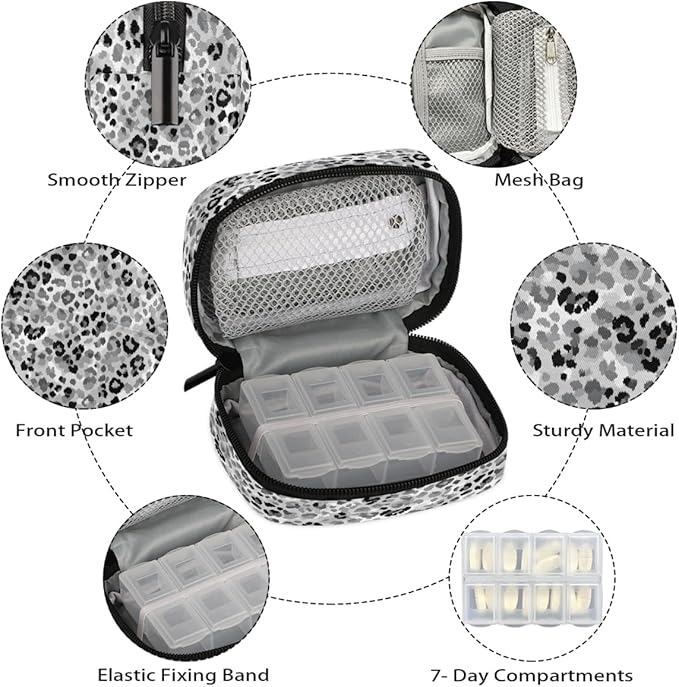 Grey Leopard Print Pill Case Everyday Travel, 7 Day Weekly Medicine Pill Box Compact Portable Pills Bottle Organizer with Zipper for Daily Vitamin Medicine Holder Bottle Organizers Bag