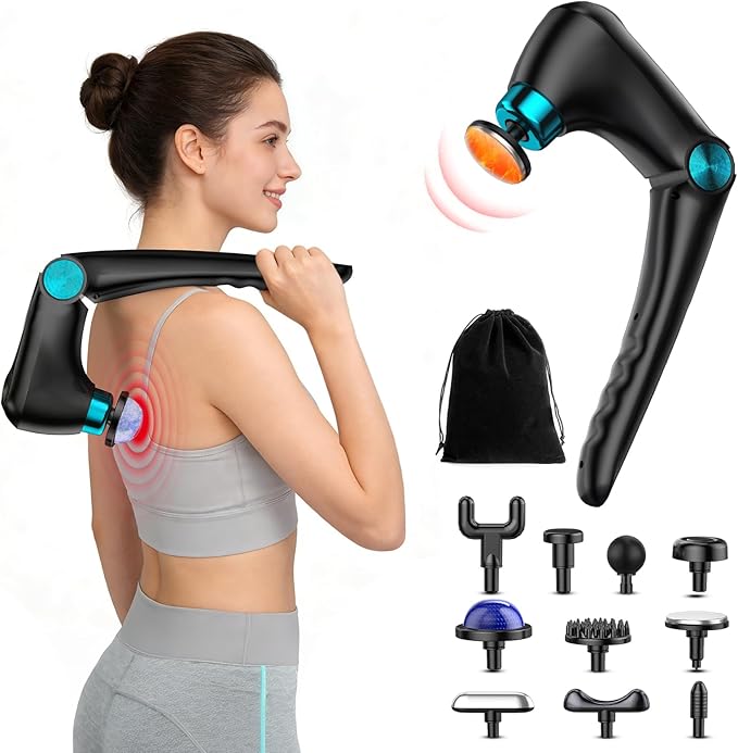 Deep Tissue Back Massagers with Heat & Cold Therapy, Folding Percussion Massage Gun for Women Men, 9 Speed Cordless Back Pain Relief Muscle Massager for Home Gym Office, 10 Heads