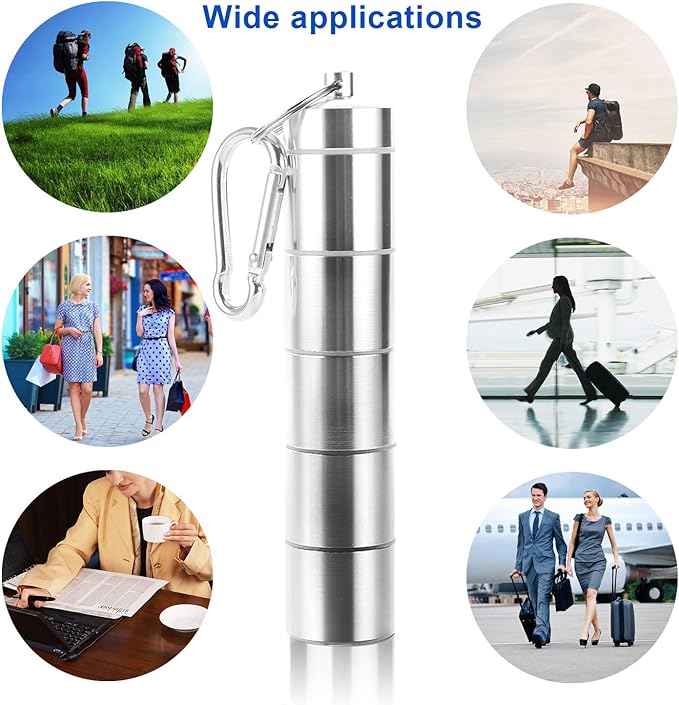 Pocket Pill Case, Portable Pill Box, Messar 5 Compartments Aluminum Alloy Pill Holder Waterproof Medicine Organizer Pill Bottle Pill Container with Keychain & Carabiner for Travel Camping (2 Pcs)