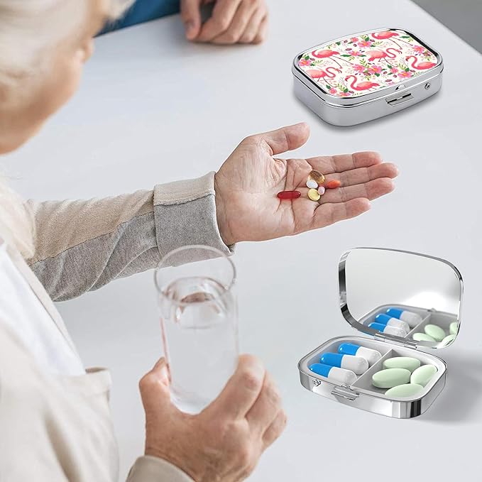 Pill Box-2 Compartment Small Pill Case Square Organizer Case with Mirror Portable Metal Medicine Box Travel Container for Pocket & Purse Women Men（Pink Flamingo Floral）