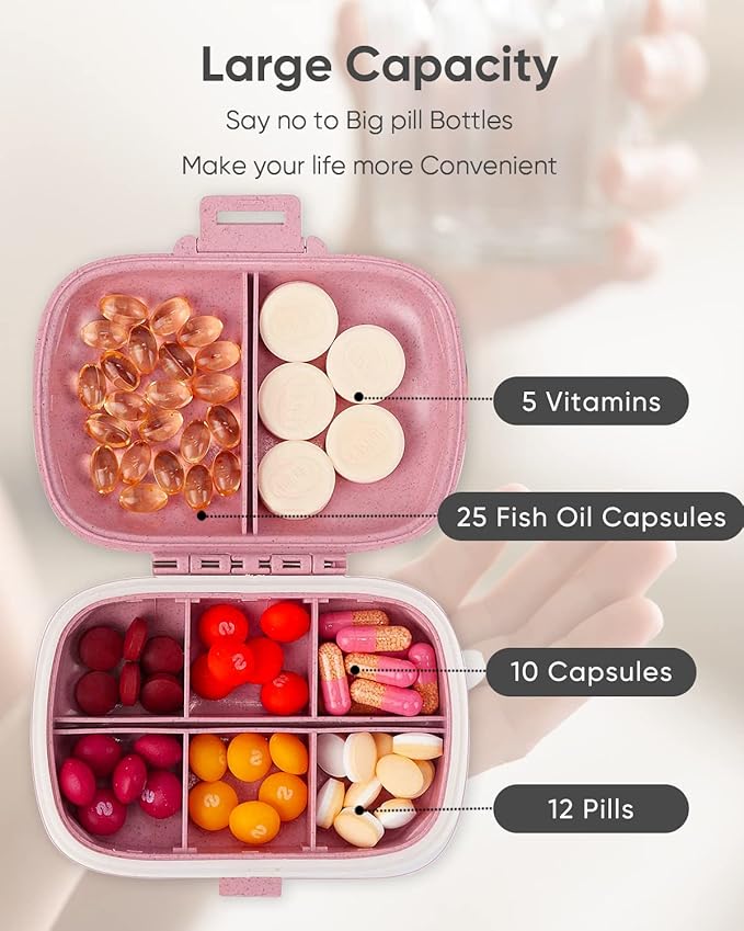 Holii 2PS 8 Compartments Travel Pill Organizer, Pocket Pharmacy for Purse Daily Pill Box Portable Medicine Organizer Vitamin Holder Container (Light Pink)