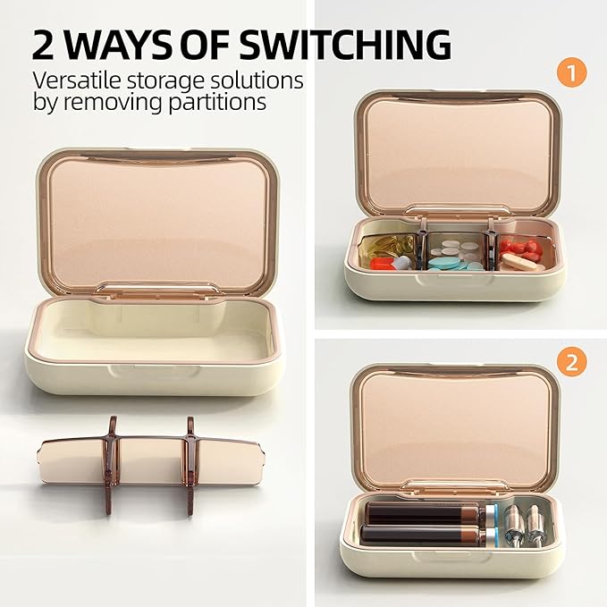 Portable Pill Box, Pill Organizer with 6 Compartments, Daily Medicine Pill Case, Pocket Size Pill Box for Travel, BPA Free Small Pill Container for Vitamins, Fish Oil, Supplements (White)