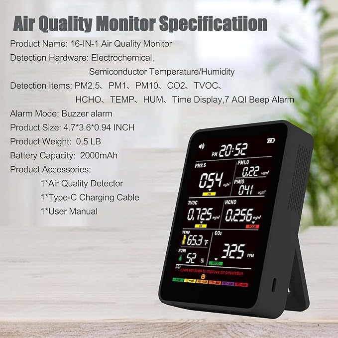 Professional Indoor Air Quality Monitor with AQI Alerts, Portable Real-Time Detector for Home, Car, Plants & Pets (Black)