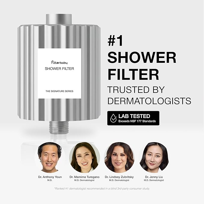 Filterbaby Signature Shower Filter – IAPMO Certified to NSF177 Standard, Doctor Developed, Reduce up to 99% Chlorine/Chloramine/Lead/Certain Heavy Metals, Advanced Filtration for Skin & Hair, Chrome