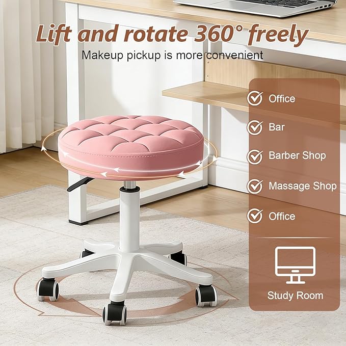 Small Rolling Stool with Wheels, PU Leather Height Adjustable Vanity Work Task Stool, 360 Swivel, Padded Seat Cushion,for Salon, Home, Office