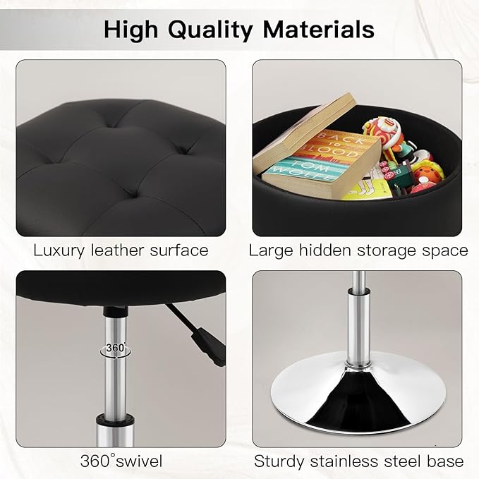 Salon Stool with Big Storage Set of 2, Height Adjustable 361° Swivel Modern Round Leather Tufted Makeup Vanity Stools for Massage Facial Spa Beauty Nail Medical Clinic Tattoo Barber, Black