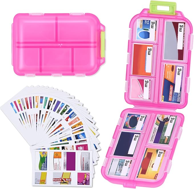 Travel Pill Organizer with Medicine Labels, 10 Compartments Travel Pill Box Medicine Organizer Purse Pill Case Daily Pill Container (Pink, 189 Lables)