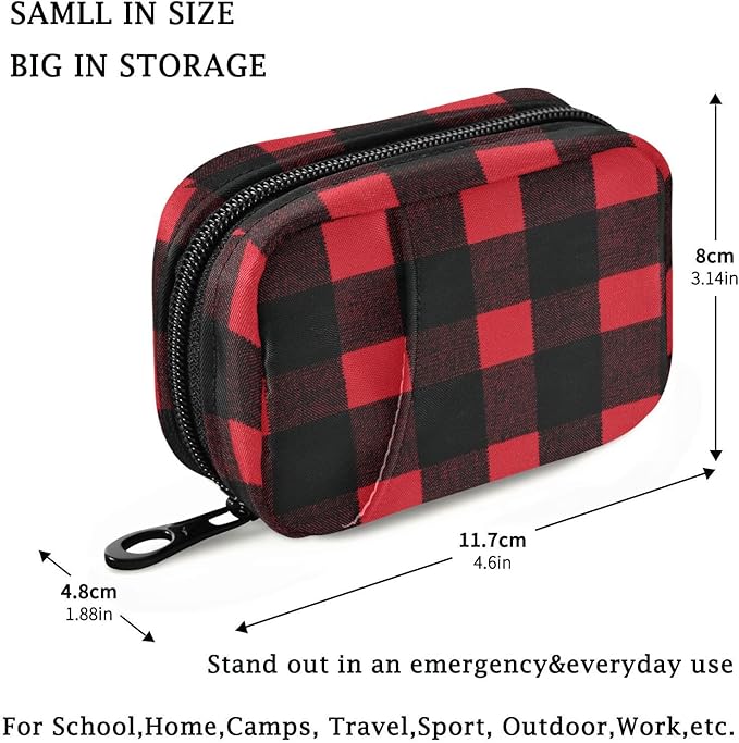 Fustylead Red and Black Buffalo Plaid Travel Pill Organizer Case Zipper for Purse with Removable Weekly Pill Box for Medicine, Vitamin, Supplement Medicine Organizer