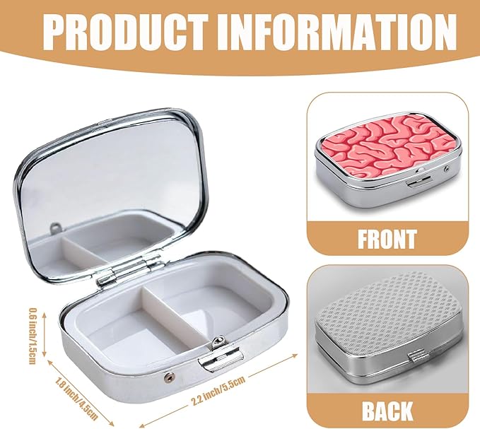 Pill Box-2 Compartment Small Pill Case Square Organizer Case with Mirror Portable Metal Medicine Box Travel Container for Pocket & Purse Women Men（Human Brains）