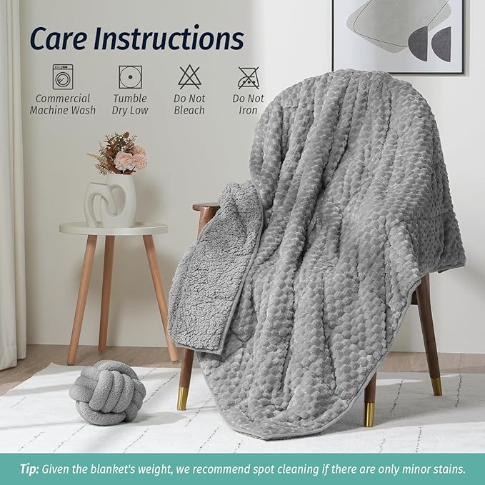 Wemore Fleece Weighted Blanket for Adults (48" x 72" 12lbs, Grey), Dual Sided Cozy Soft Sherpa Heavy Blanket, 3D Imitation Turtle Shell Warm Jacquard Flannel Weighted Blankets for Couch and Bed