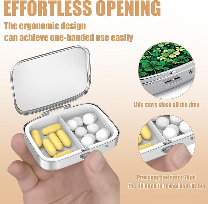 Pill Box-2 Compartment Small Pill Case Square Organizer Case with Mirror Portable Metal Medicine Box Travel Container for Pocket & Purse Women Men（St.Patrick's Day ）