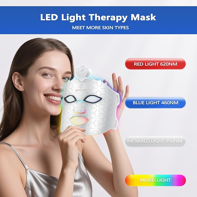 Red Light Therapy Mask, 7 Colors Red Light Therapy for Face, Portable Rechargeable LED Face Mask Light Therapy for Reduce Wrinkles, Skincare at Home and Travel, White