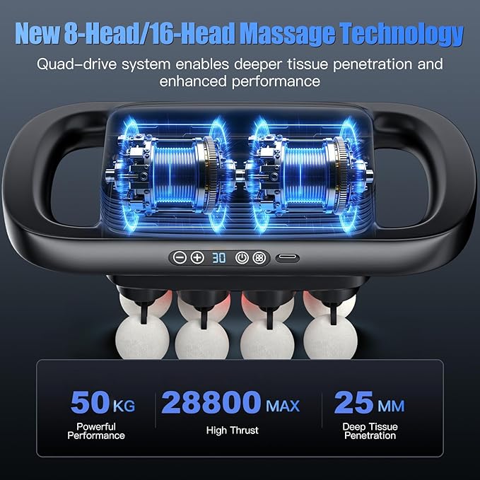 Upgraded 16 Head Massage Gun Set, Deep Tissue Percussion Massager, 16-Drive Back Muscle Massager with 3 Modes & 30 Intensities for Thighs, Arms, Waist, Back