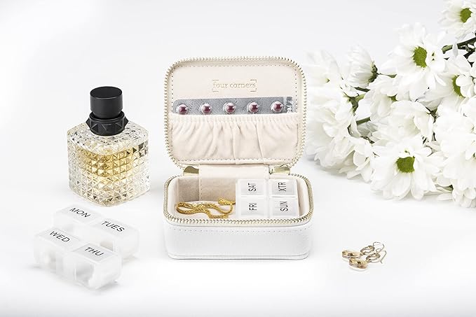 Weekly Pill Organizer 7 Day – Travel Pill Case for Vitamins & Medication, Premium Vegan Leather Pill Box with Removable Daily Compartments, Portable Supplement Organizer with Secure Zipper (White)