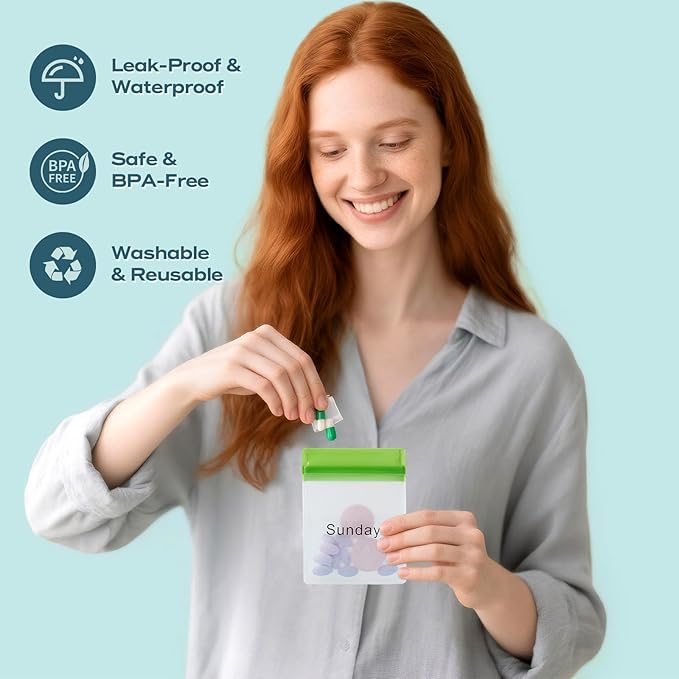 Lerine Reusable Pill Pouch Set, 14 Pill Pouch Bags for Travel, BPA Free Medicine Organizer with Labels, Self Sealing Small Baggies for Daily Vitamin, Supplement Storage