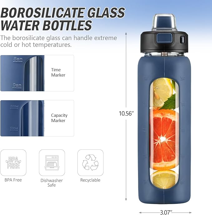 Kodrine Water Bottle With Straw and Carry Handle, Glass Water Bottle 24 oz Leak Proof Locking Lid with Soft Silicone Spout, Reusable Drinking Cups for Travel Sports with Time Marker,Navy Blue
