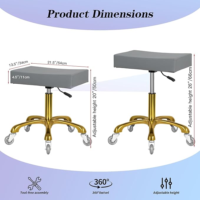 Antlu Rectangular Stool with Wheels for Massage Medical Doctor, Heavy Duty Roller Stool for Salon Office Lab Tattoo Artist Spa (Grey,450 Lbs Capacity)