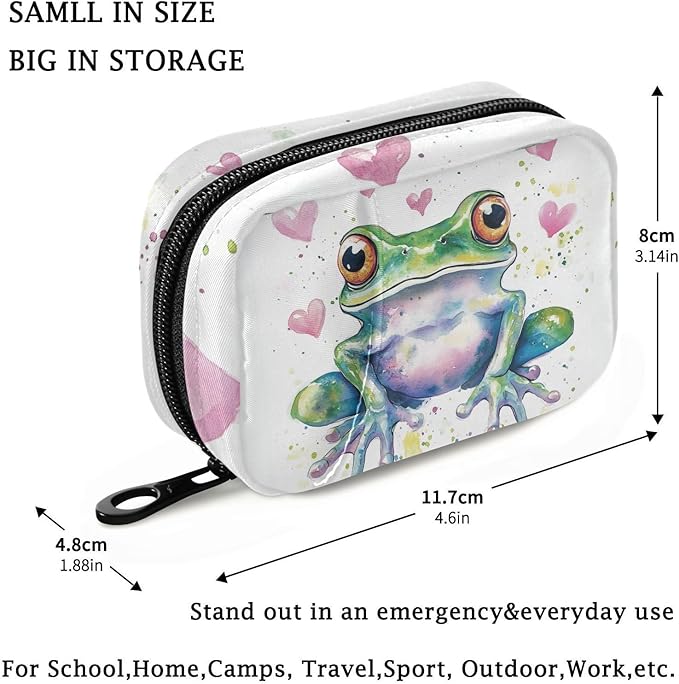 Fustylead Watercolor Vivid Frog and Pink Hearts Travel Pill Case Bag with Zipper Weekly Pill Box 8 Compartments 7 Day Personal Pill Case Purse Medicine Case Organizer