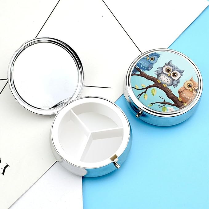 Owls on A Branch Pill Box Travel Pill Case for Purse Pocket Weekly Medicine Organizer with Mirror 3 Compartment Round Medicine Case Portable PillcaseHolder for Daily