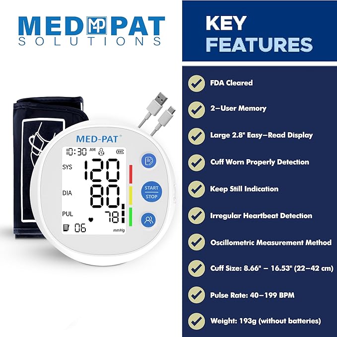 Med-Pat BP-R Blood Pressure Monitor - Digital Automatic Arm Cuff BP Machine - Large LCD, 2 Users, 120 Memories Each - Heartbeat & Still Detection - Portable, Easy - Round Design