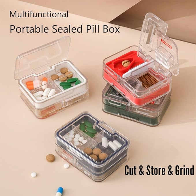 3 in 1 Japanese Multifunctional Pill Cutter,Double-Deck Pill Splitter for Small or Large Pills in Half,Pill Crusher & Grinder,Moisture-Proof Medicine Vitamin Organizer,Medicine Organizer Box