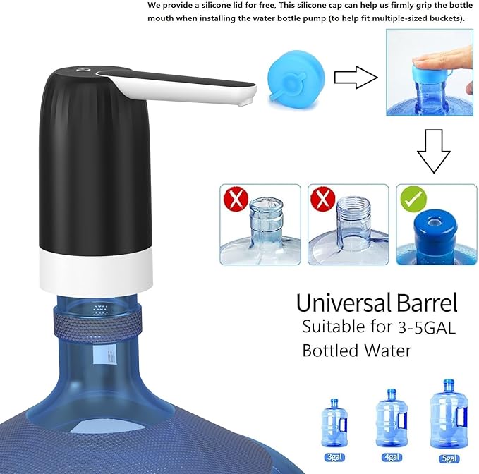 Myvision 5 Gallon Jug Drinking Water Dispenser, Portable Water Dispenser fro 3 Gallon Bottle, USB Electric Water Bottle Pump, 2-5 Gallon Water Jug Switch (Black)