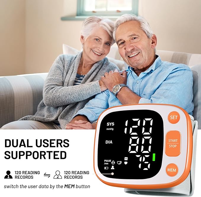 Oklar Blood Pressure Monitors for Home Use Rechargeable Wrist Digital BP Machine Cuff with LED Backlit Display, Voice Broadcast, 240 Memory Storage for 2 Users with Carrying Case, Orange