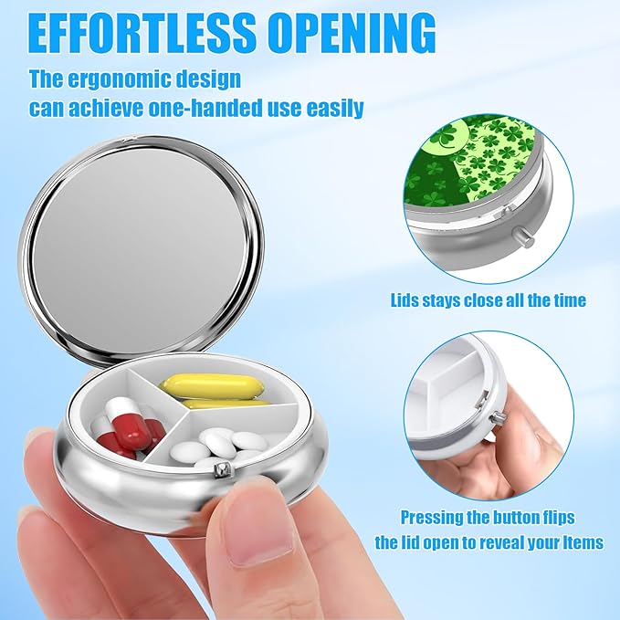 Pill Box, 3 Compartments Small St.Patrick's Day Pill Case Travel Portable Metal Medicine Box with Mirror Mini Container for Purse Pocket Women Men（Green Clover）