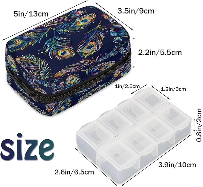 Color Peacock Feather Travel Pill Organizer Box Weekly Portable Pill Case Daily Pills 7 Day Small Birth Control Pills Container Removable Compartments for Medicine Vitamins Fish Oil