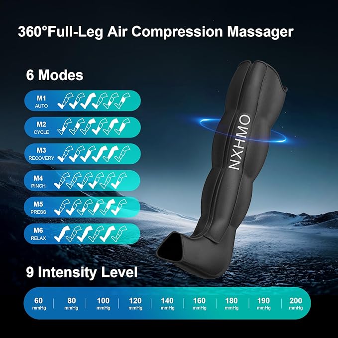 Leg Massager with Heat and Compression, Foot Massager for Circulation and Pain Relief, Sequential Air Compression Boots Recovery System with 9 Intensities 6 Modes,3 Heating for Athletes