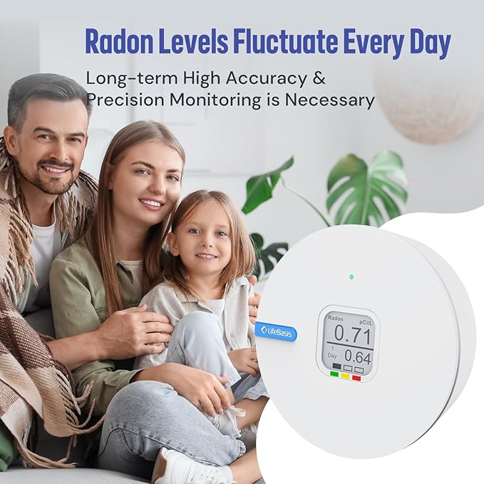 LifeBasis Radon Detector for Home, Portable E-Ink Display Radon Meter with Short & Long Term Monitoring of Radon Levels, Switchable Mesurement Unit Bq/m3 or pCi/L, Battery-Powered