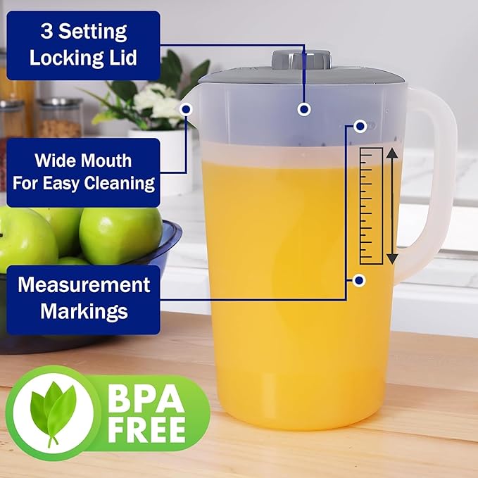 Water Pitcher with Lid 1 Gallon Pitcher, Freezer/Dishwasher Safe, BPA Free & Phthalate Free - Gray