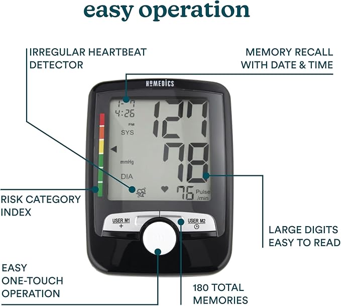 HoMedics Upper Arm Blood Pressure Monitor, Automatic BP Monitor with Easy One-Touch Operation, Stores up to 180 Readings (90 Per User), Includes One Blood Pressure Cuff and 4 AAA 1.5v Batteries