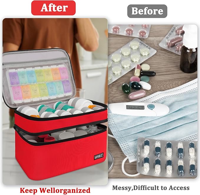Medicine Storage Bag,Double Layers Pill Bottle Organizer Bag Empty with Lockable Zipper&Adjustable Divider,Medication Travel Carrying Bag for Pills,Vitamins,Medical Supplies,Red