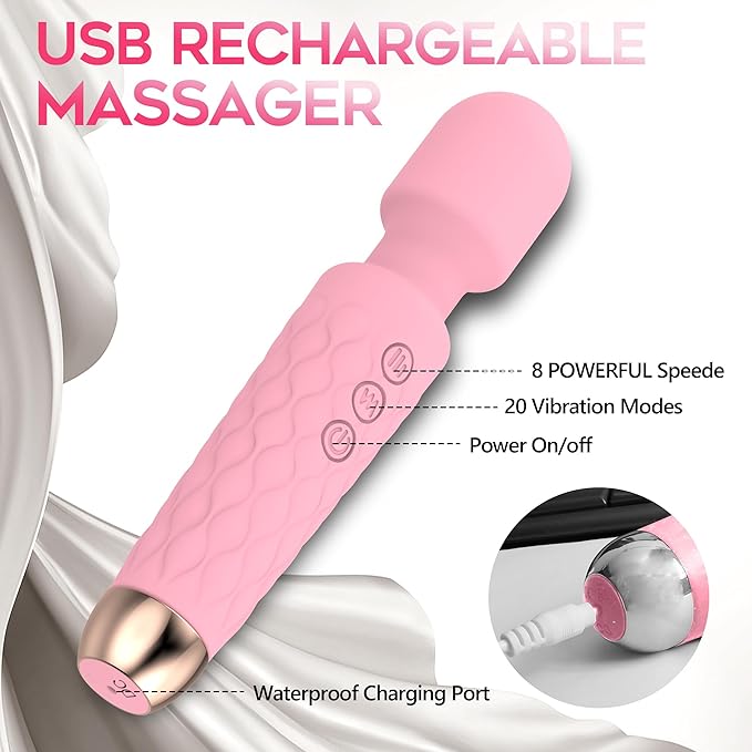 Personal Massager, Handheld Wireless Massager, Waterproof and Portable, 20 Speeds 8 Patterns Cordless Massagers for Neck, Back Pain, Leg and Hand Pain & Sports Recovery, Pink