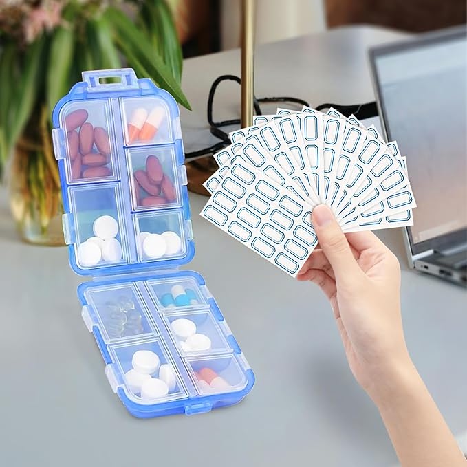 INVODA 12PCS 10-Compartment Pill Organizer BPA-Free Travel Pill Case with Daily Labels Portable Medicine Box for Vitamins, Supplements & Jewelry