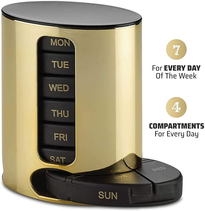 Weekly Pill Organizer - 2Pack - 4 Times-A-Day, Daily Stackable Medication Reminder - Weekly AM/PM Pill Box with 7 Individual Stacking Cases, a Everyday Medicine Organizer for Vitamins, Black & Gold