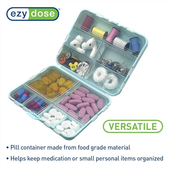 Ezy Dose Foldable Pill Case, Medicine Planner, Vitamin Organizer Box, Convenient and Easy to Use, 11 Individual Compartments with Various Sizes, Travel Friendly, Compact Pocket Pharmacy Style, Blue