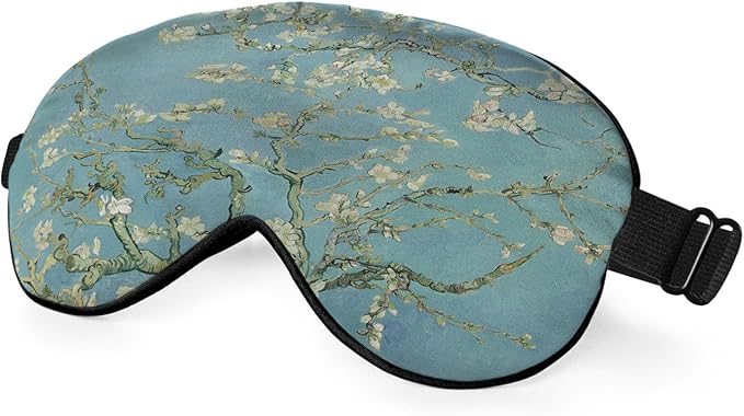 Almond Blossom Sleep Eye Mask Green Flower Van Gogh Painting Silk Eye Mask Sleeping Soft Eye Shade Cover for Men Women Boy Girl Airplane Travel with Elastic Strap