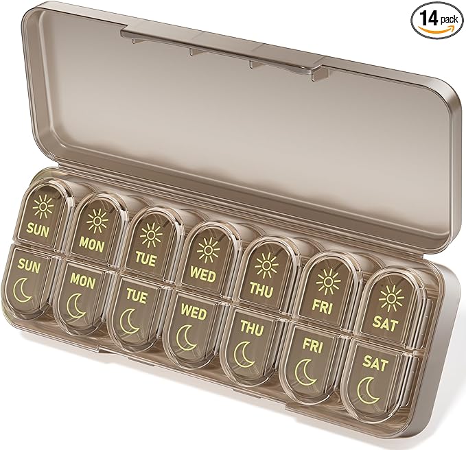 Betife AM PM Pill Organizer 7 Day, Weekly Pill Organizer 2 Times a Day, Daily Pill Box AM PM, Portable Travel Medicine Case, Day and Night Pill Container for Medication, Vitamin or Supplement（Brown）