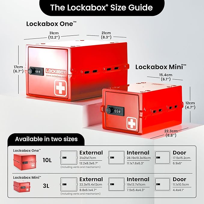 Lockabox One™ | Premium Medicine Lock Box | Medium Medication Lock Box With Code For Medicines, Vitamins & Supplements | External Size 12 x 8 x 6.6 inches (Medi Red)