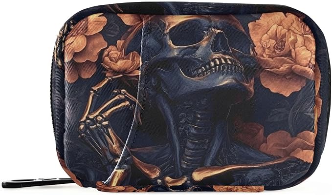 Pill Organizer Case Bronze Skull Print, Pill Box 7 Days Portable Weekly Pill Purse Pouch