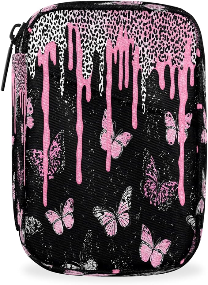 Pink Butterfly Art Pill Case Travel Pill Organizer Weekly 7 Day Portable with Zipper Medicine Box Pill Case for Vitamins, Birth Control,Fish Oils,Medication, Supplements